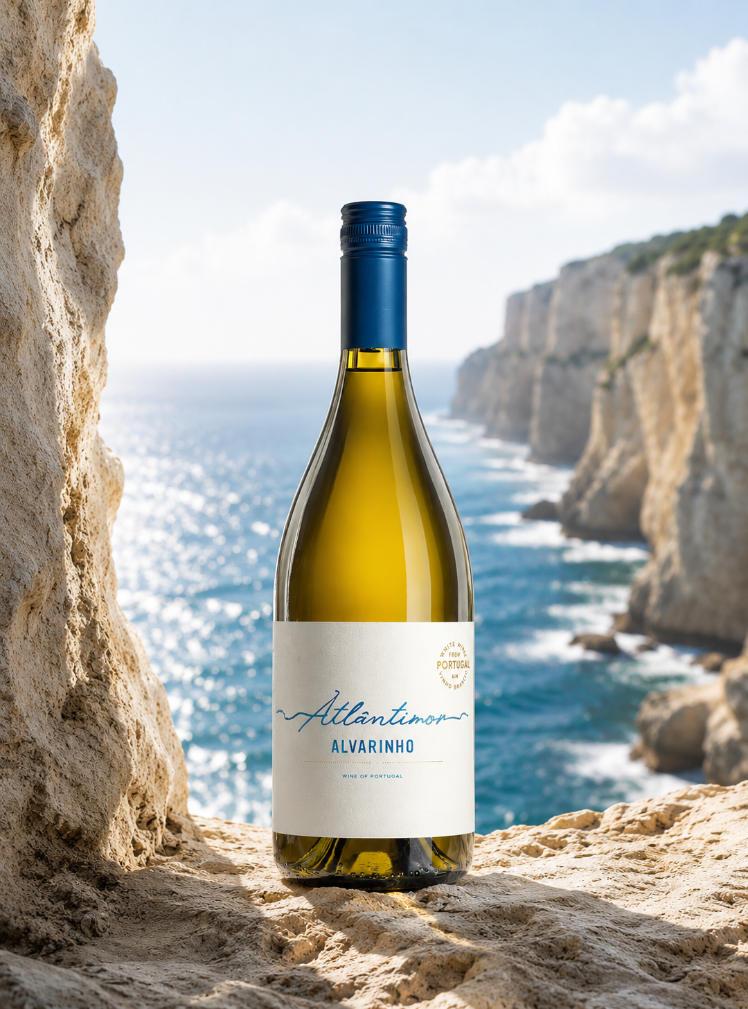 Dramatiska klippor vid Portugals atlantkust där Atlântimor Alvarinho har sitt ursprung